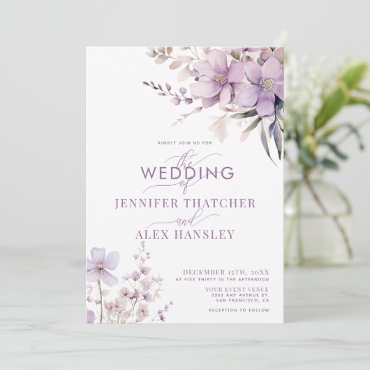 Lila bloemen | Rustic Script Bloemen bruiloft Kaart (Staand voorkant)