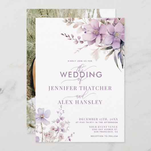 Lila bloemen | Rustic Script Bloemen bruiloft Kaart (Voorkant / Achterkant)