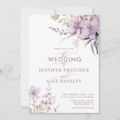 Lila Bloemen Rustiek Script Bloemen QR Code Huweli Kaart (Voorkant)