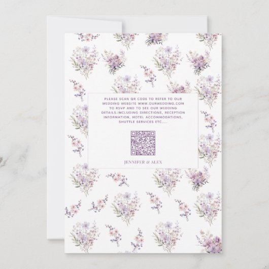 Lila Bloemen Rustiek Script Bloemen QR Code Huweli Kaart (Achterkant)