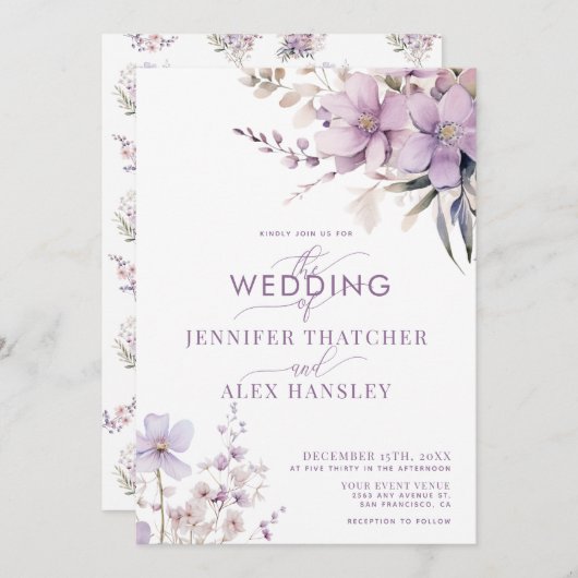 Lila Bloemen Rustiek Script Bloemen QR Code Huweli Kaart (Voorkant / Achterkant)