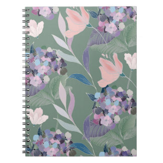 Lila Bloemen Sage Grijs Patroon Notitieboek