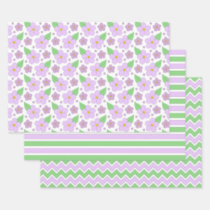 Lila bloemen, strips en Chevron Papier Inpakpapier Vel