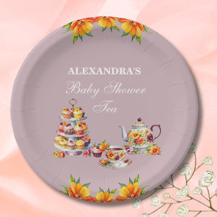 Lila Bloemen Tea Party Baby shower Papieren Bordje