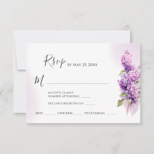 Lila Bloemen Waterverf Bruiloft Maaltijd keuzes RSVP Kaartje (Voorkant)