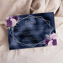 Lila Bloemen Zilver Navy Blue Folie Wedding Detail Informatiekaartje