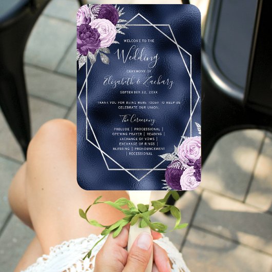Lila Bloemen Zilveren Navy Folie Wedding Programma Handwaaier