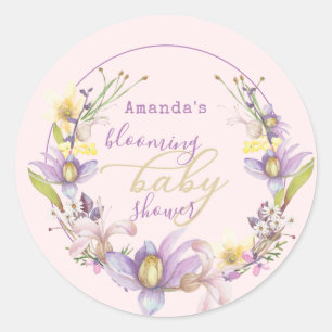 Lila bloemenbloeiend Baby shower Ronde Sticker