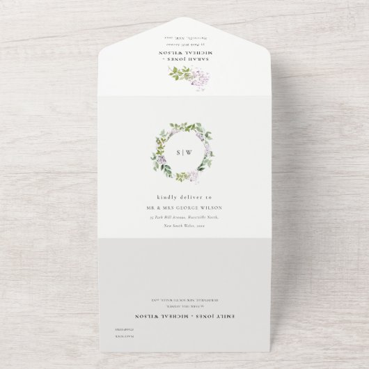 Lila bloemenkrans huisje tuin bruiloft all in one uitnodiging (Buitenkant)