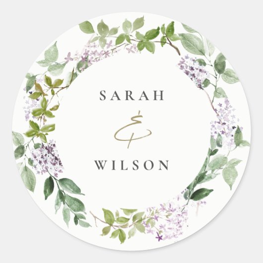 Lila bloemenkrans huisje tuin bruiloft ronde sticker (Voorkant)