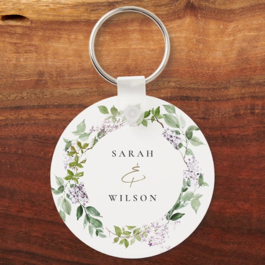 Lila bloemenkrans huisje tuin bruiloft sleutelhanger (Voorkant)