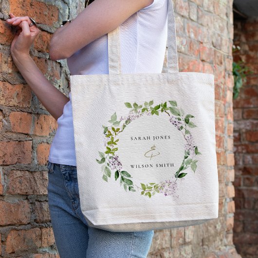 Lila bloemenkrans huisje tuin bruiloft tote bag