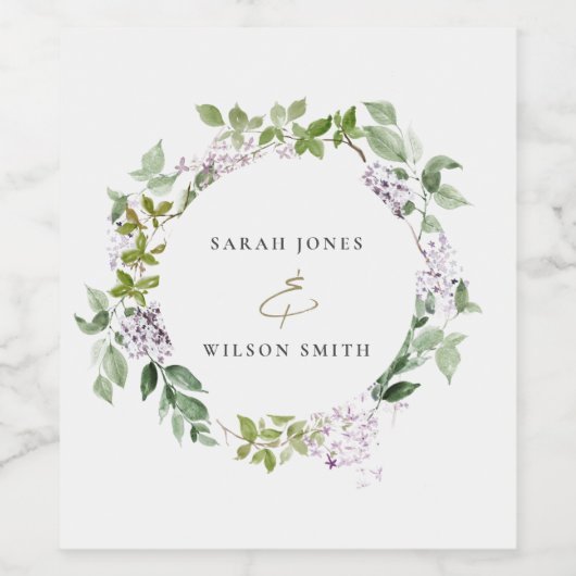 Lila bloemenkrans huisje tuin bruiloft wijn etiket (Enkel label)