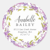 Lila bloemenkrans rond retour adreslabel ronde sticker (Voorkant)