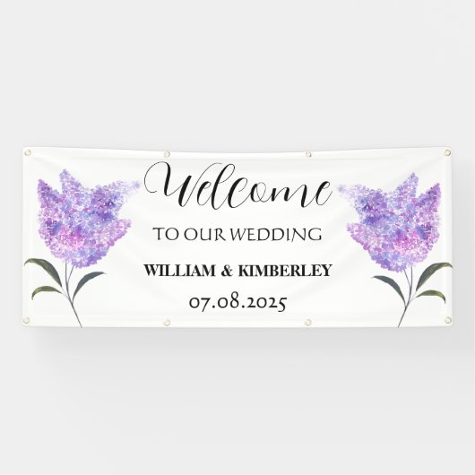 Lila bloemenpaarse bloemen rustieke elegante bruil spandoek (Horizontaal)