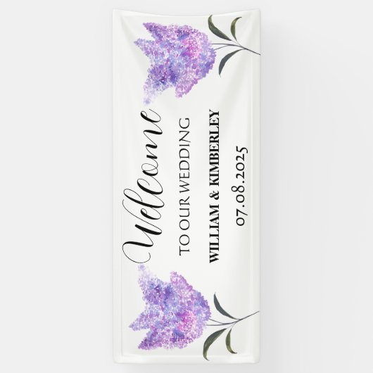 Lila bloemenpaarse bloemen rustieke elegante bruil spandoek (Verticaal)