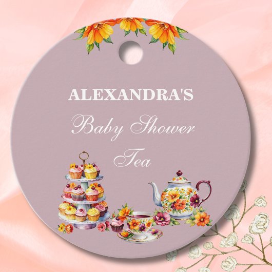 Lila Bloementhee Baby shower Dank u Bedankjes Labels