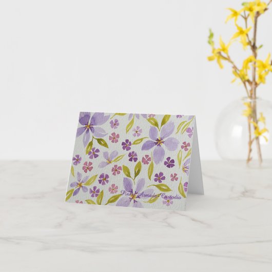 Lila bloemige gevouwen Note/Wenskaart Kaart (Gele Bloem)