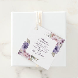 Lila bloemige huwelijks-welkomst-cadeautag bedankjes labels