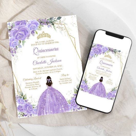 Lila bloemige Quinceanera uitnodiging