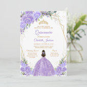 Lila bloemige Quinceanera uitnodiging (Staand voorkant)
