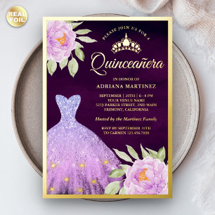 Lila bloemjurk paarse Quinceanera goud Folie Uitnodiging