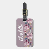 Lila bloemmotief monogram bagagelabel (Voorkant verticaal)