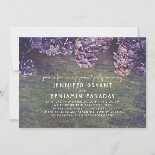 Lila bloesems rustieke houten verlovingsfeest kaart (Voorkant)