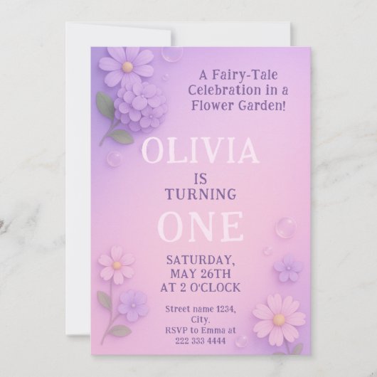 Lila Bloom Bubble 1st Birthday Magic Kaart (Voorkant)