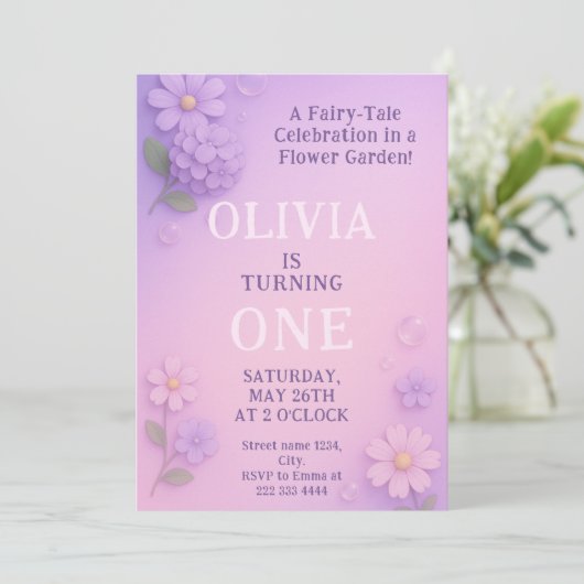 Lila Bloom Bubble 1st Birthday Magic Kaart (Staand voorkant)