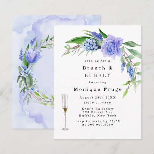 Lila Blue Hyacinth Peony Brunch & Bubble Invites Kaart (Voorkant / Achterkant)