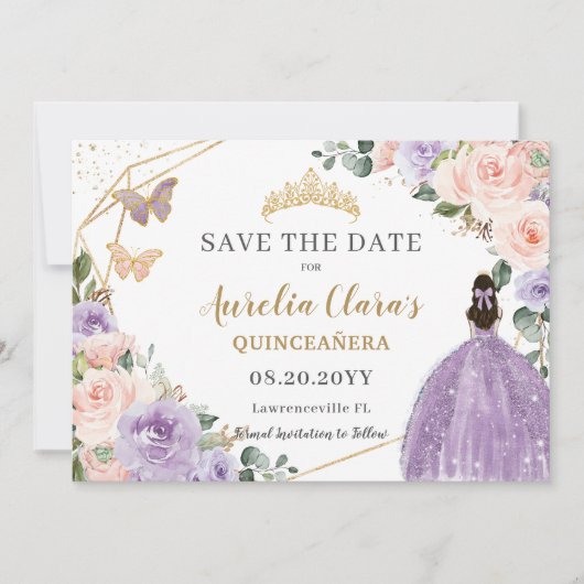 Lila Blush Floral Gold Quinceanera Sweet Sixteen Save The Date (Voorkant)