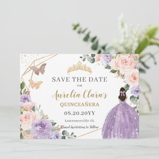 Lila Blush Floral Gold Quinceanera Sweet Sixteen Save The Date (Staand voorkant)