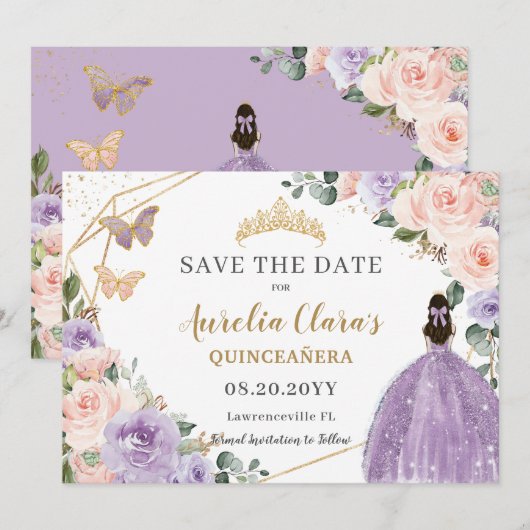 Lila Blush Floral Gold Quinceanera Sweet Sixteen Save The Date (Voorkant / Achterkant)