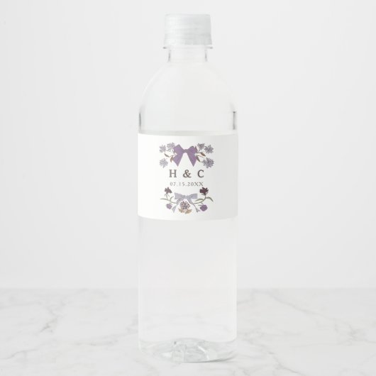 Lila Bogen Bloesem Huwelijk Monogram Waterfles Etiket (Voorkant)