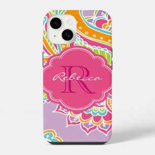 Lila Boheemse Paisley Aangepaste Monogram iPhone 14 Hoesje