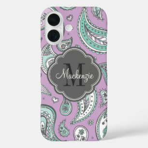 Lila Bohemian Paisley Custom Monogram iPhone 16 Hoesje