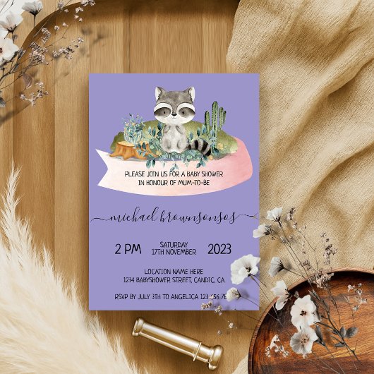 Lila Boho Animal Raccoon Tropisch Baby shower Kaart
