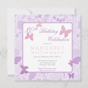 Lila Boho Butterfly Floral 80th Birthday Party Kaart