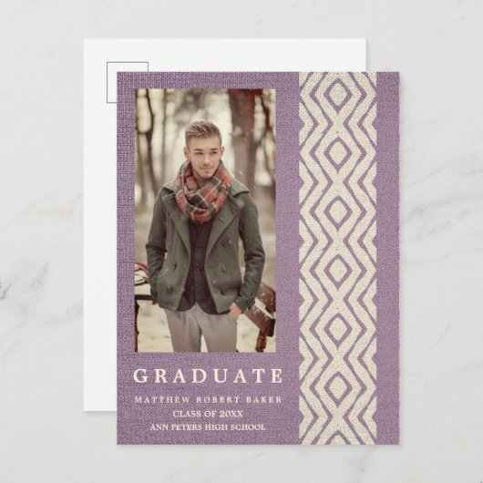 Lila Boho Tribal Textuur Foto Afstuderen Aankondigingskaart (Voorkant / Achterkant)