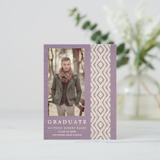 Lila Boho Tribal Textuur Foto Afstuderen Aankondigingskaart (Staand voorkant)