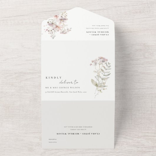 Lila Boho Wildflower Varen Botanische bruiloft All In One Uitnodiging (Buitenkant)