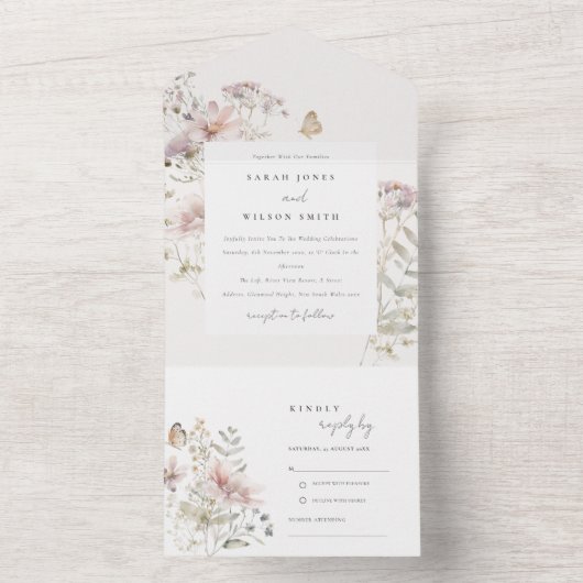 Lila Boho Wildflower Varen Botanische bruiloft All In One Uitnodiging (Binnen)