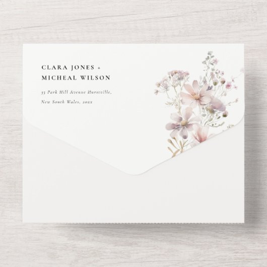 Lila Boho Wildflower Varen Botanische bruiloft All In One Uitnodiging (Achterkant)