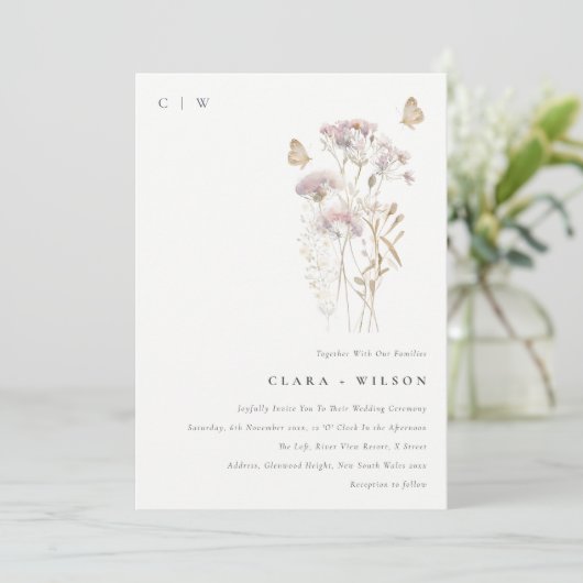 Lila Boho Wildflower Varen Botanische bruiloft Kaart (Staand voorkant)