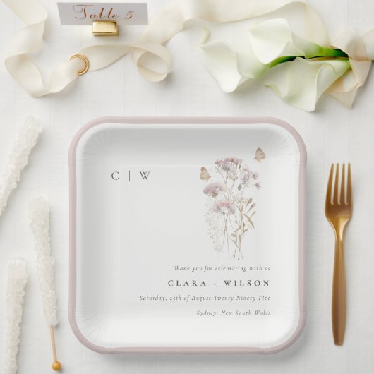 Lila Boho Wildflower Varen Botanische bruiloft Papieren Bordje (Huwelijk)
