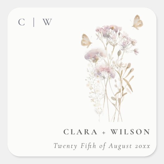 Lila Boho Wildflower Varen Botanische bruiloft Vierkante Sticker (Voorkant)