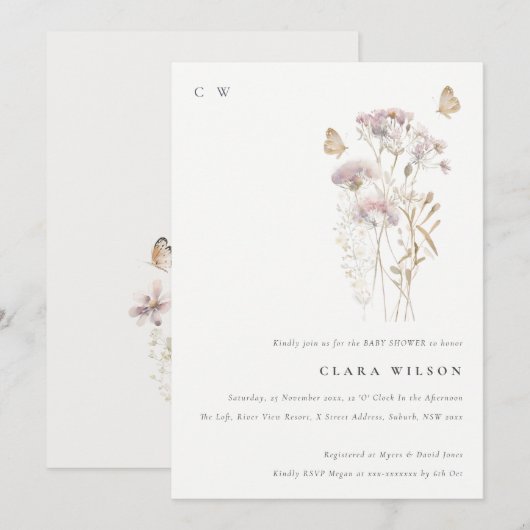 Lila Boho Wildflower Varen Foliage Baby shower Kaart (Voorkant / Achterkant)