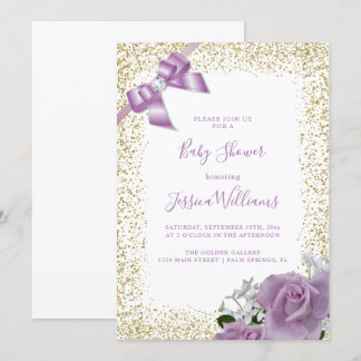 Lila boog & Rozen, gouden glitter Baby shower part Kaart