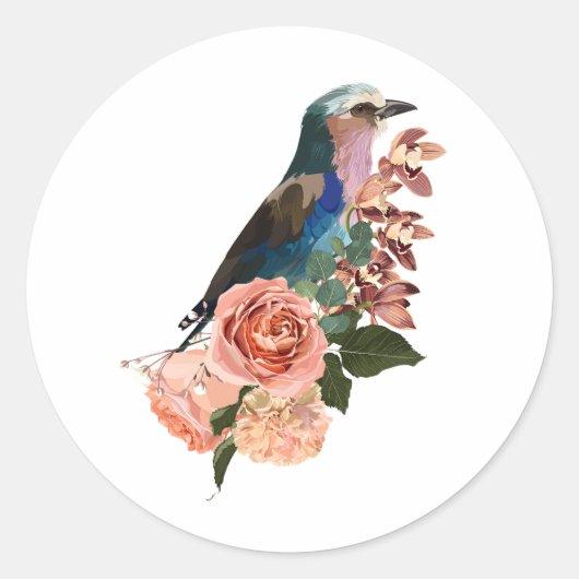 Lila borsten Roller vogel en bloemen. Ronde Sticker (Voorkant)